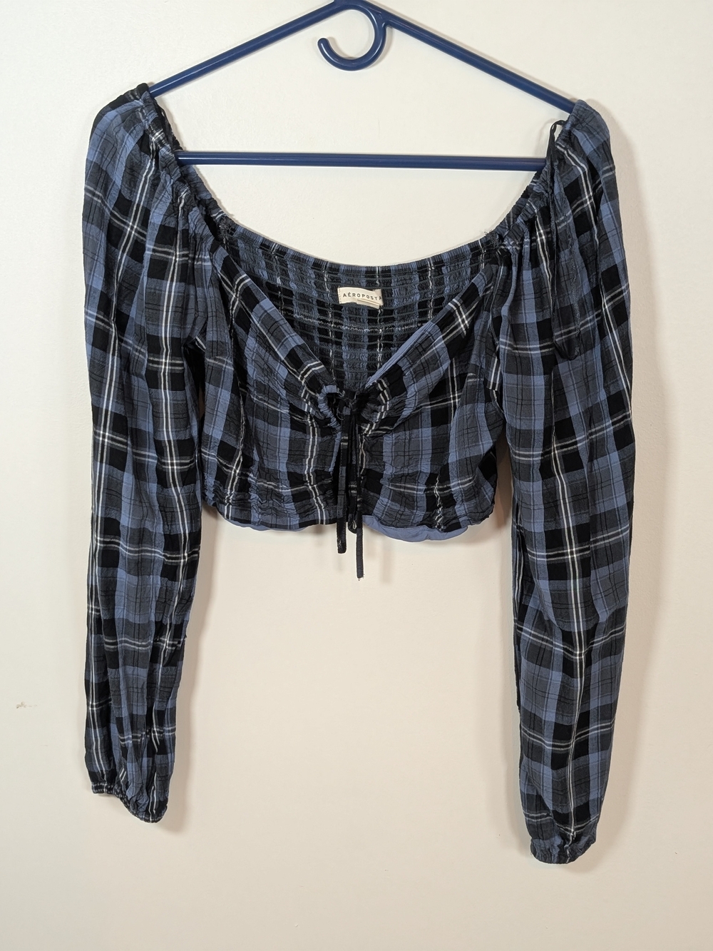 AEROPOSTALE Blue Plaid Off-Shoulder Tie-Front Crop Top
